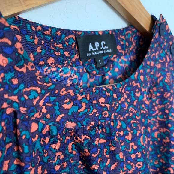 A.P.C. Rue Madame Paris Printed Silk Long Sleeve Shift Dress Size Large - Picture 3 of 6